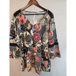 Floral‎ V-Neck Tunic Top With Bell Sleeves & Lace Accents Size 2X New